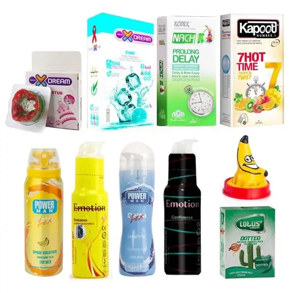 تصویر انواع محصولات زناشویی شامل کاندوم، ژل و اسپری تاخیری